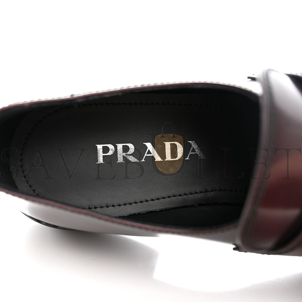 PRADA SPAZZOLATO METAL TRIANGLE LOGO 50MM LOAFERS 39 BRUCIATIO FUME