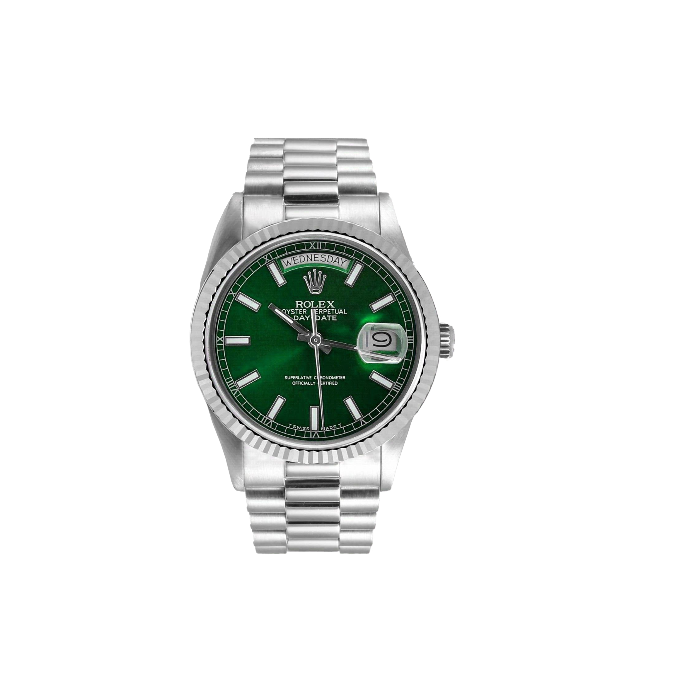 ROLEX DAY-DATE 18K WHITE GOLD - GREEN STICK DIAL WATCH 118239