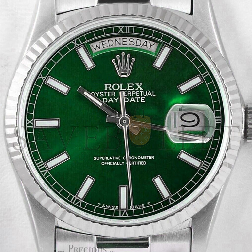 ROLEX DAY-DATE 18K WHITE GOLD - GREEN STICK DIAL WATCH 118239