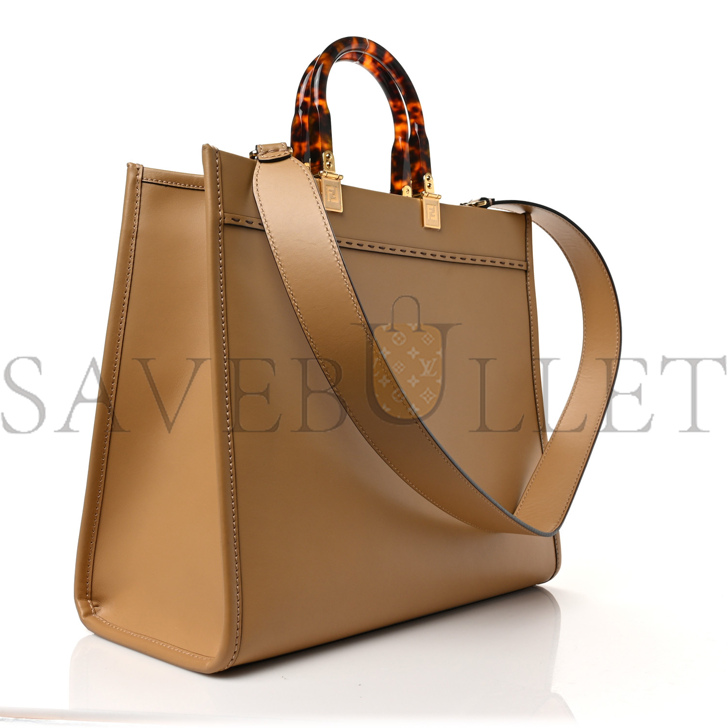 FENDI VITELLO KING PLEXIGLASS LOGO EMBOSSED MEDIUM FENDI SUNSHINE SHOPPER TOTE MIELE SCURO (36*30*16cm)