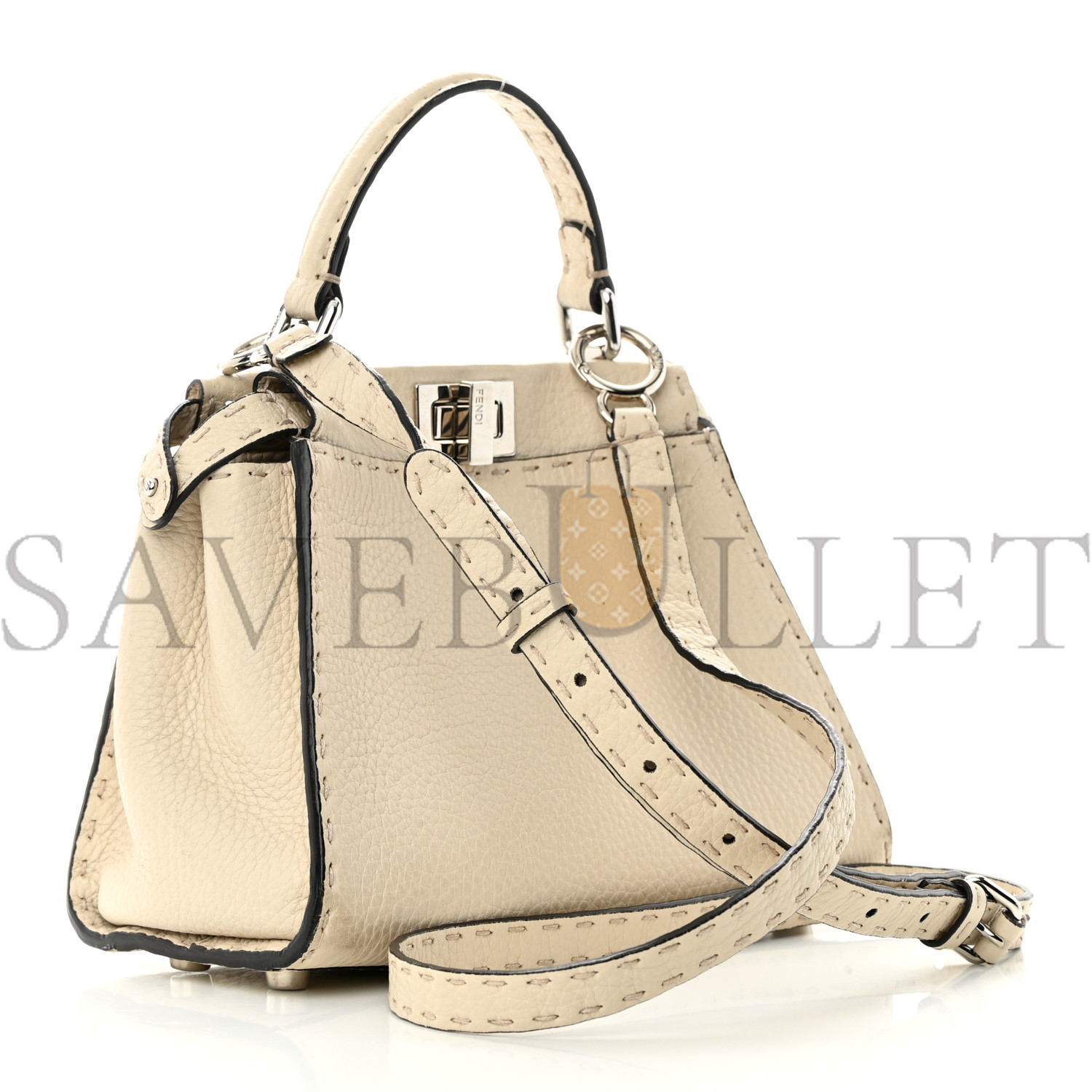 FENDI CUOIO ROMANO SELLERIA MINI PEEKABOO ICONIC SATCHEL LATTE (23*17*12cm)