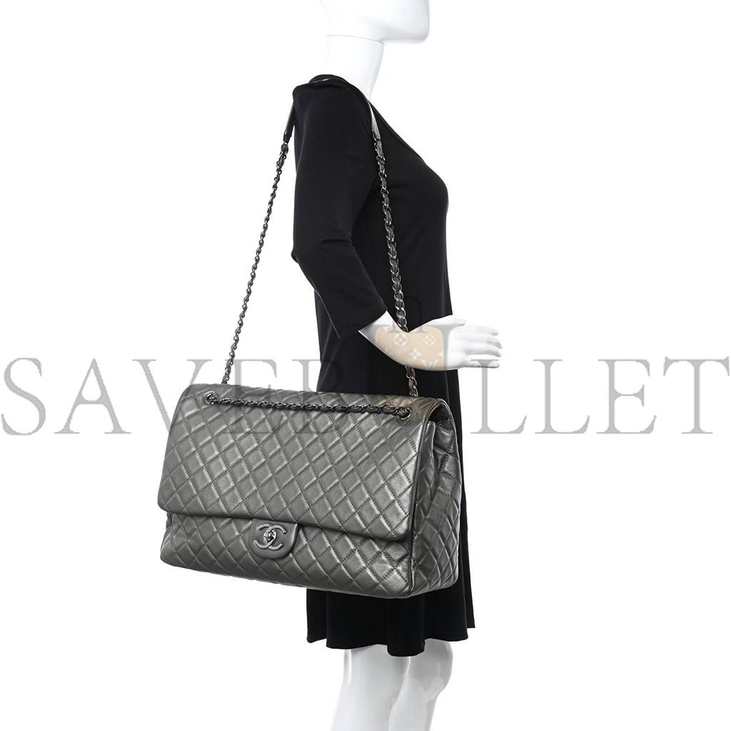 CHANEL CALFSKIN QUILTED XXL TRAVEL FLAP BAG KHAKI SILVER HARDWARE (46*28*14cm)