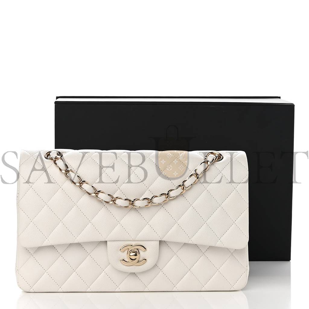 CHANEL CAVIAR QUILTED MEDIUM DOUBLE FLAP WHITE ROSE GOLD HARDWARE (25*15*6cm)