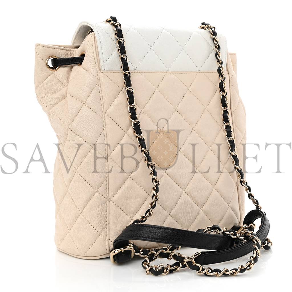 CHANEL GOATSKIN QUILTED DUMA DRAWSTRING BACKPACK BEIGE BLACK WHITE ROSE GOLD HARDWARE (23*22*12cm)