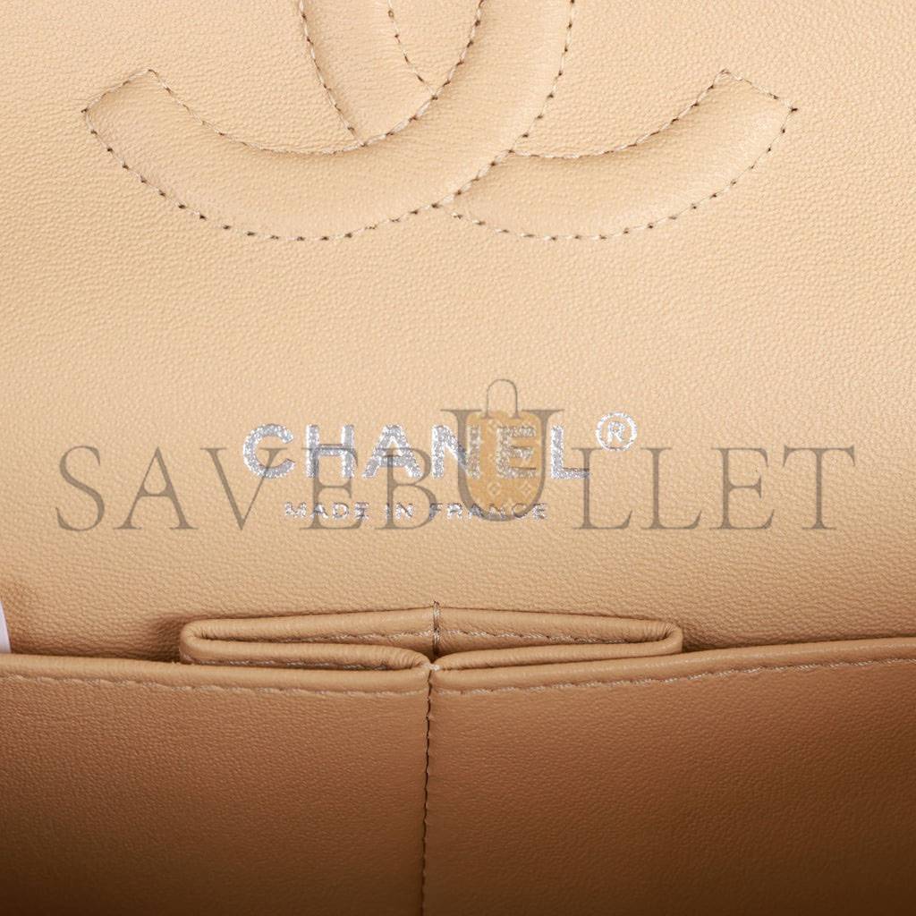 CHANEL MEDIUM CLASSIC DOUBLE FLAP BAG BEIGE CAVIAR SILVER HARDWARE (25*15*7cm)