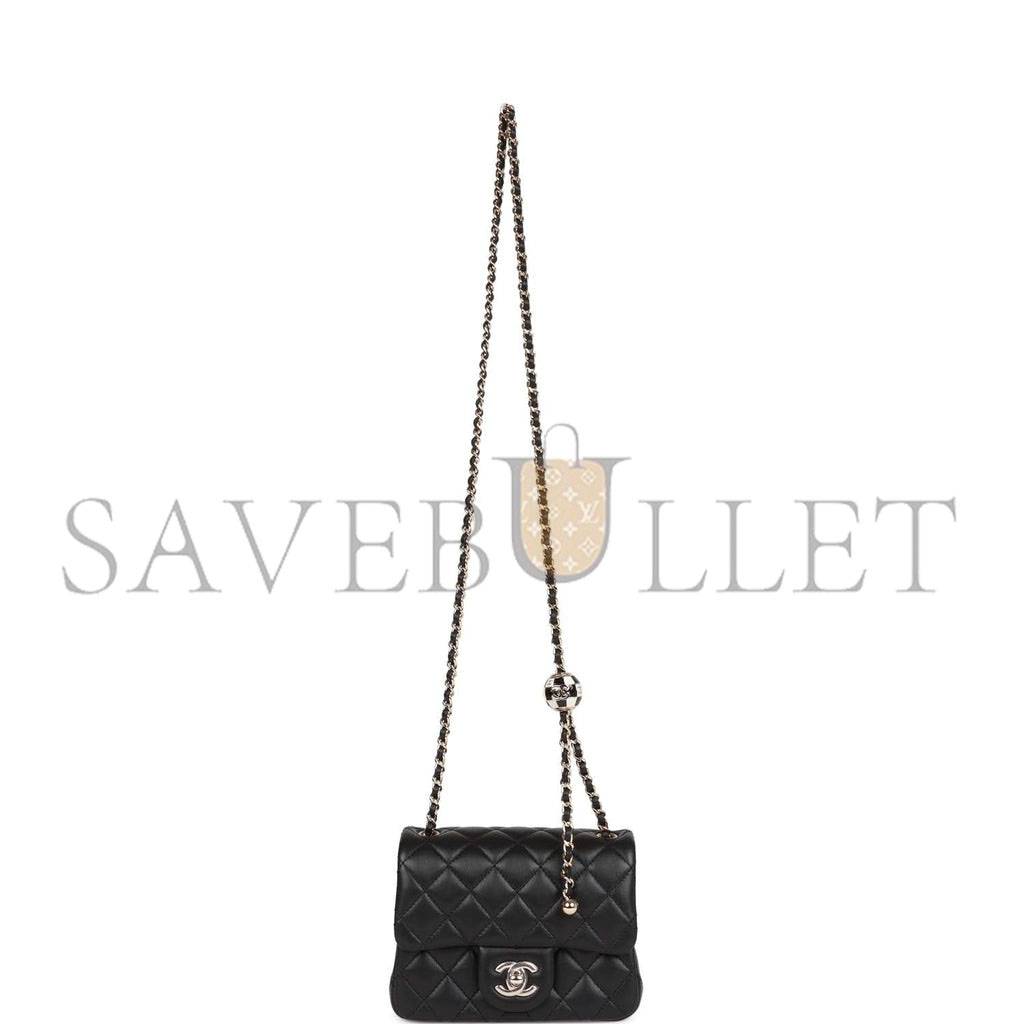 CHANEL PEARL CRUSH MINI SQUARE FLAP BAG BLACK LAMBSKIN LIGHT GOLD HARDWARE (17*14*8cm)