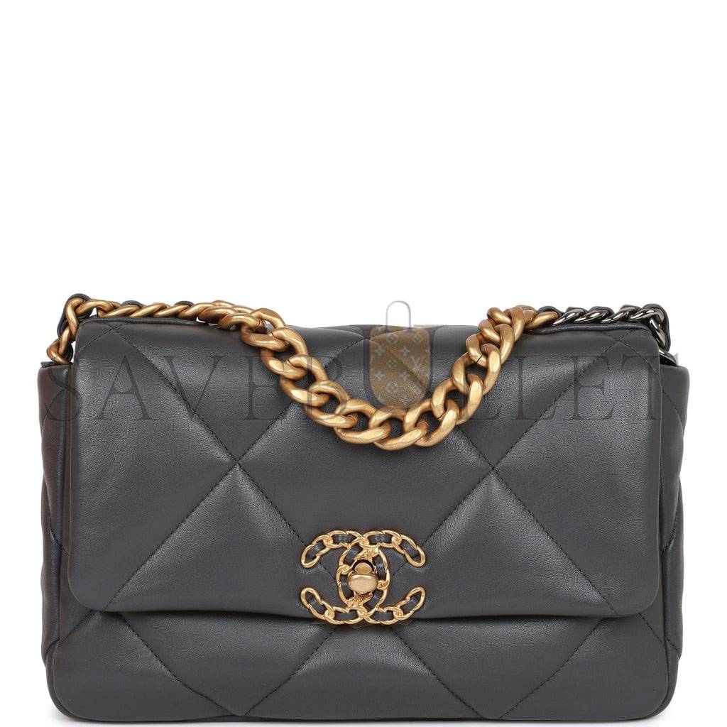 CHANEL MEDIUM 19 FLAP BAG GREY CALFSKIN MIXED HARDWARE (25*16*9cm)