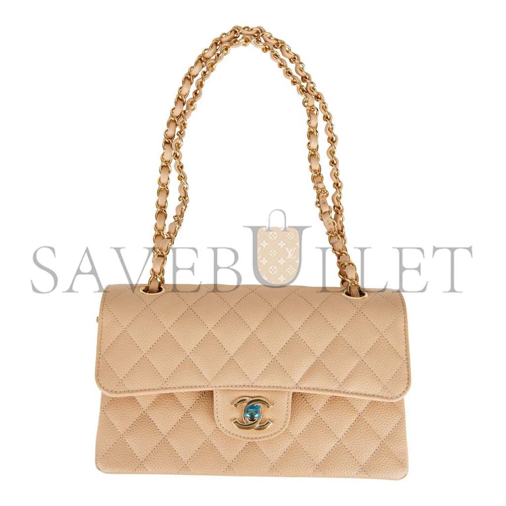 CHANEL SMALL CLASSIC DOUBLE FLAP BAG BEIGE CAVIAR GOLD HARDWARE (23*13*6cm)