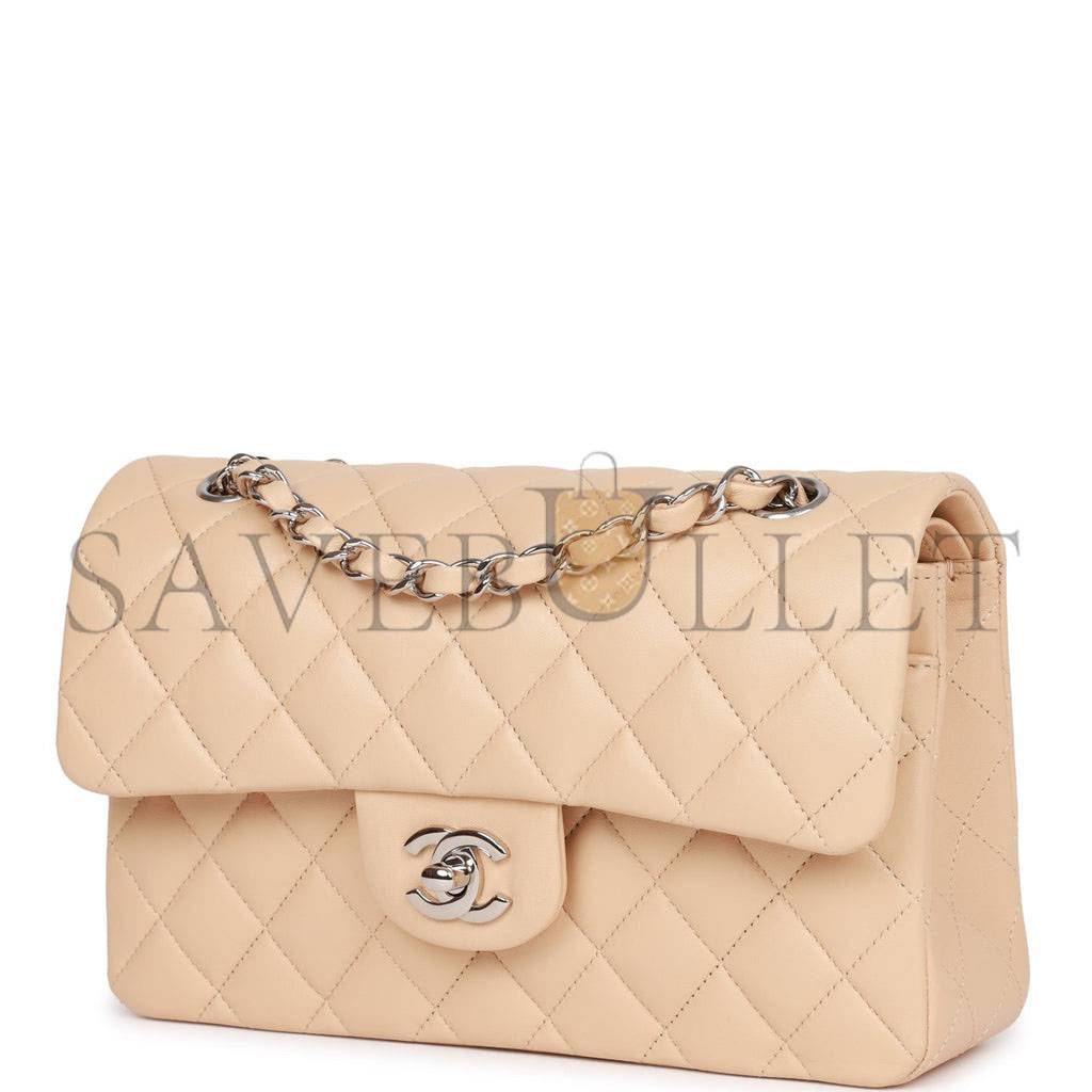 CHANEL SMALL CLASSIC DOUBLE FLAP BEIGE LAMBSKIN SILVER HARDWARE (23*13*6cm)