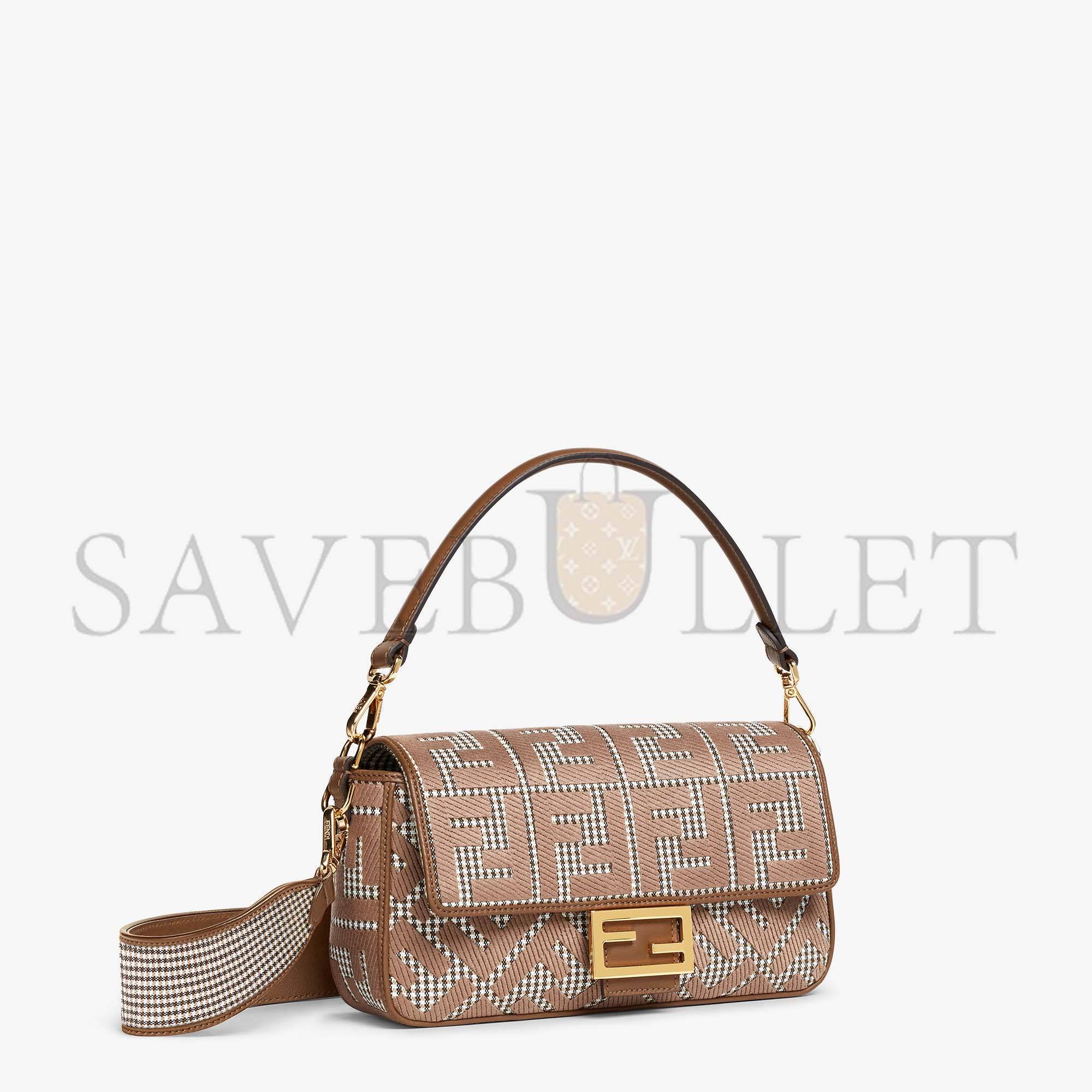 FENDI BAGUETTE - BROWN HOUNDSTOOTH WOOL BAG WITH FF EMBROIDERY 8BR600AKRZF1IRG (27*15*6cm)