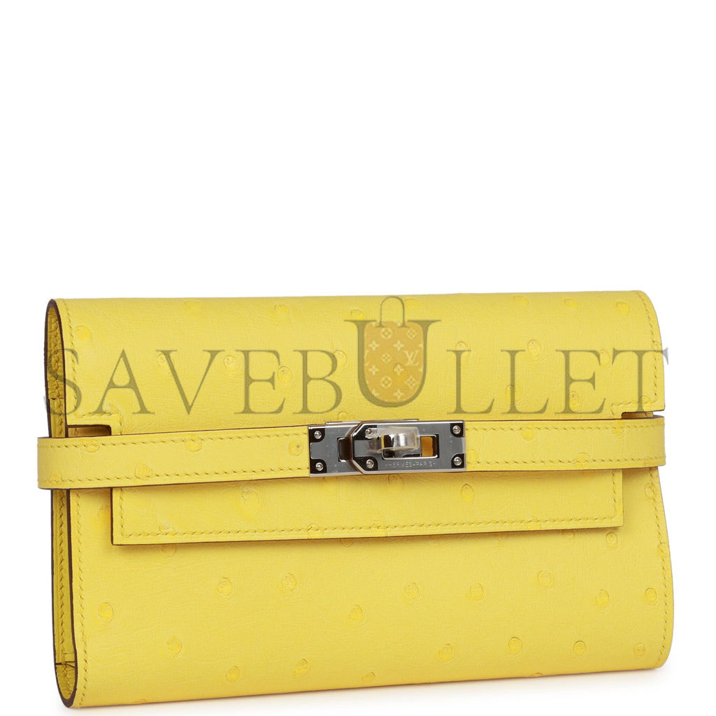 HERMES MEDIUM KELLY DEPLIANT WALLET JAUNE CITRON OSTRICH PALLADIUM HARDWARE (15*10*3cm)