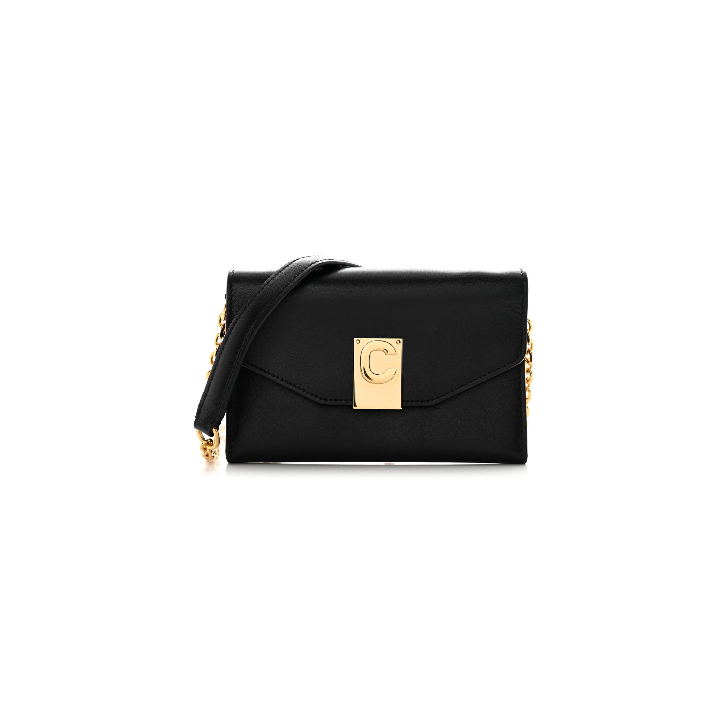 CELINE SHINY SMOOTH CALFSKIN C PHONE HOLDER WALLET ON CHAIN BAG BLACK (15*10*3cm)